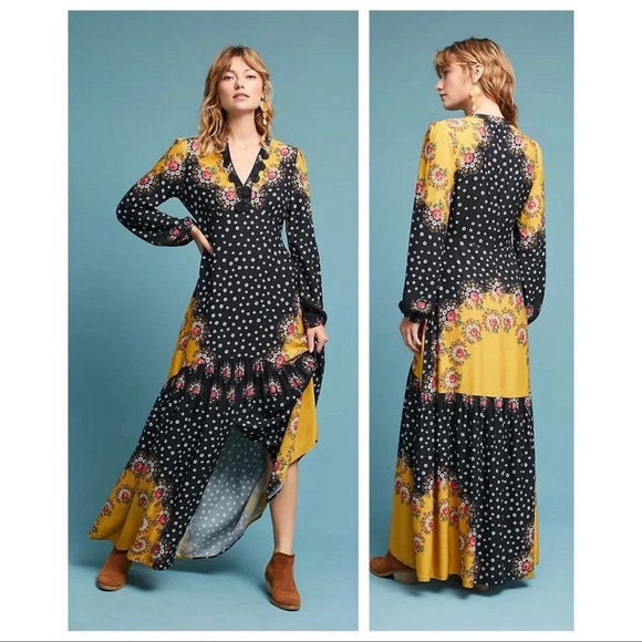 FARM Rio Dresses & Skirts - FARM Rio Black and Yellow Floral Polka Dot Long Sleeve Maxi Dress